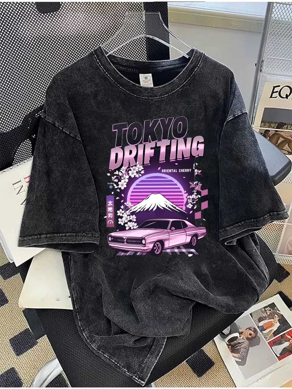 Aesthetic Tokyo Drifting T-Shirt Washed Cotton Vintage Car Graphic Tee Retro Sunset Short Sleeve Top Harajuku Style Streetwear