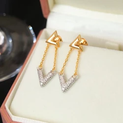 Europe and America New Trendy Earrings Crystal Letter V Dangle Earrings for Women Girls Daily Jewelry Pendant Gift