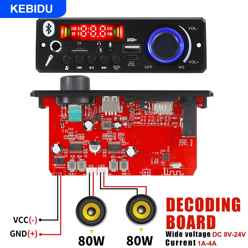 KEBIDU - Amplificador de 160 W con Bluetooth, Reproductor MP3, WMA, APE, Decodificador, 12 V, 80 W, Manos Libres, Micrófono para Coche, USB, TF, Radio FM, Reproductor MP3 DIY