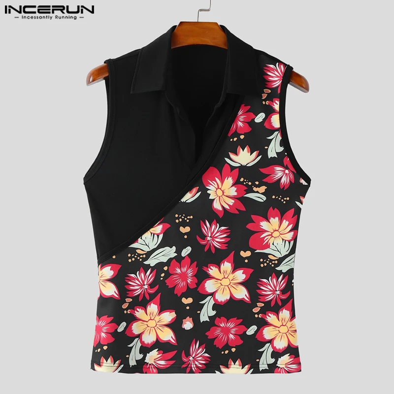 INCERUN Men Shirt Printing Patchwork Lapel Sleeveless Summer Male Shirts Streetwear Tops 2025 Fashion Casual Men Clothing S-5XL
