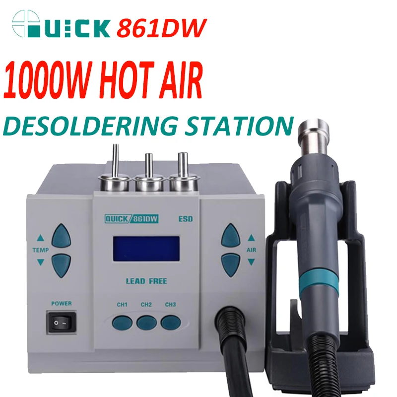 Original QUICK 861DW 1000W heat gun lead free hot air soldering station microcomputer temperature Rework Station+7nozzle