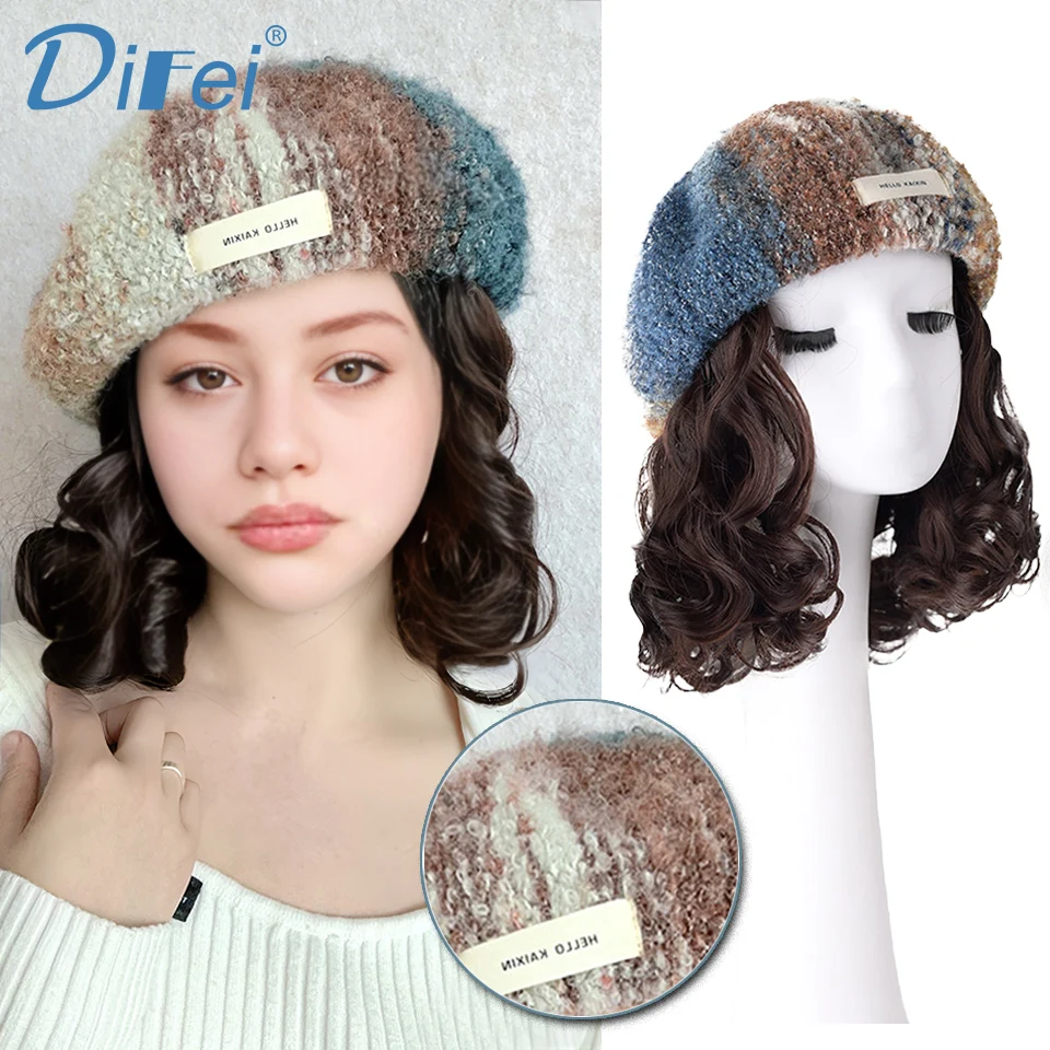 DIFEI Synthetic Wig Female Short Curly Hair Hat One Wig Rainbow Oil Painting Style Beret Lazy Fashion Short Roll One Wig