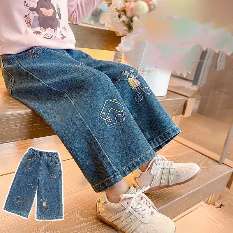 

Baby Girl Pants Little Girl Loose Blue Jeans Child Autumn Bottom Toddler Casual Fashion Drawing Embroidery Long Trousers Age2-9Y