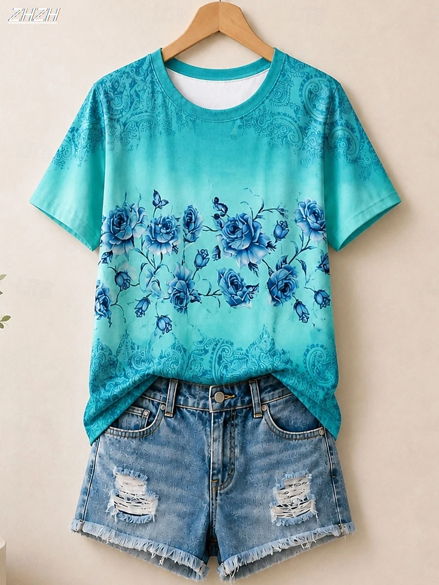 2026 Women's Summer Tops Fashion Stylish Modern Short Sleeve Crew Neck Round Regular Casual  Spring
