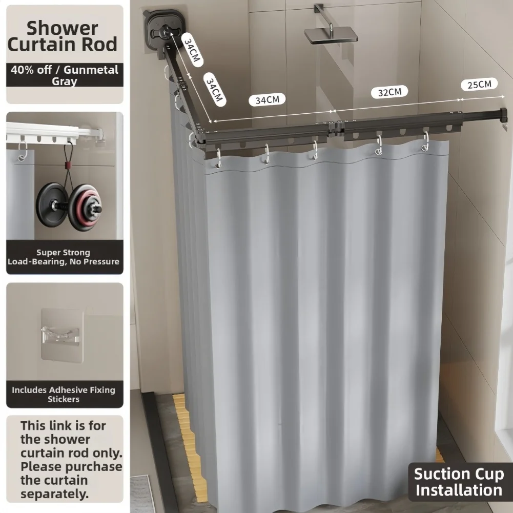 Compact Design Folding Shower Rod with Suction Mounts No Wall Penetration Needed for Apartment Friendly Installation