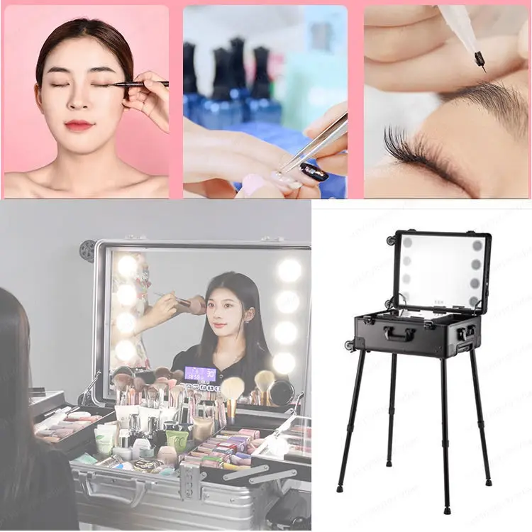 

LQ01-Aluminum Frame Cosmetic Case With Lamp Mirror Professional Makeup Artist Beauty Tool Box Portable