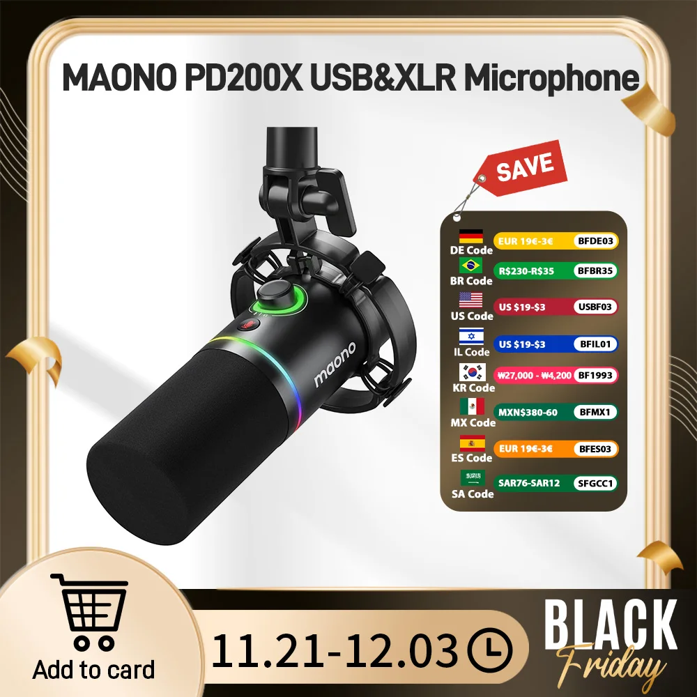 Maono XLR\USB Dynamic Microphone For Gaming Recording Streaming Youtube Metal Mic With Software Tap-to-Mute Gain Knob PD200X