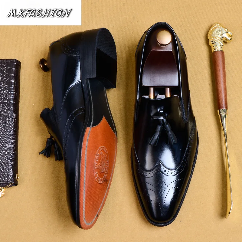 Men's Carved Blok Business Formal Casual Leather Shoes Pointed Toe Slip On Flats Male Footwear