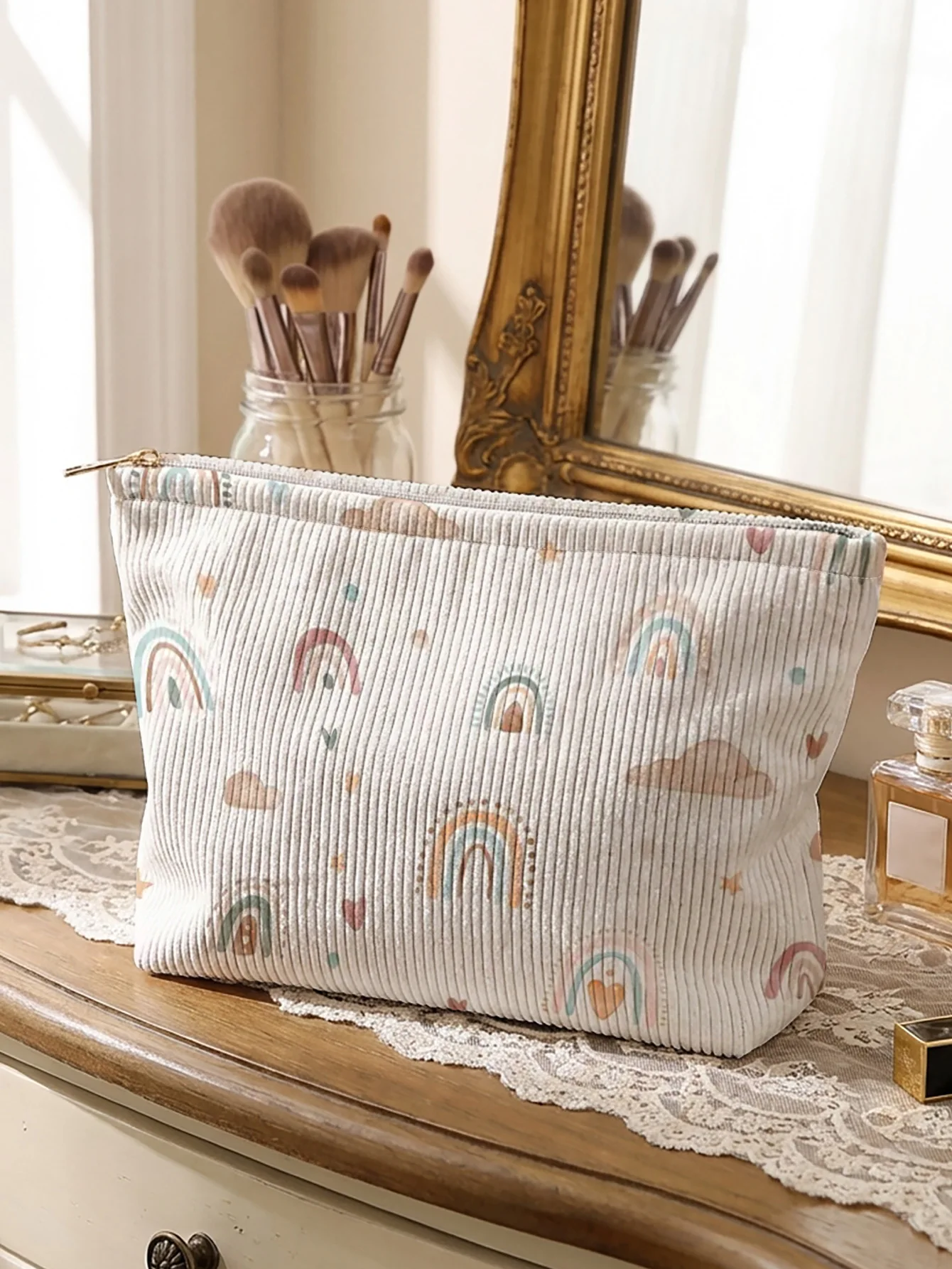 Rainbow patterned corduroy makeup bag, lightweight zipper pouch, multifunctional lined bag for cosmetics