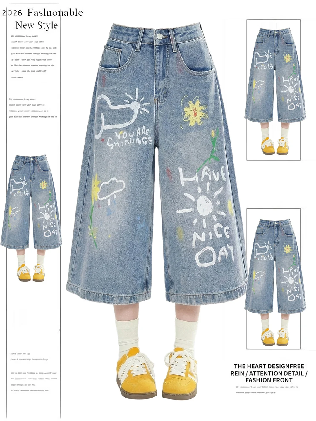 

American Style Retro Graffiti Print Wide Leg Jeans Women's Loose Six-Foot Mid-Pants Shorts Casual High Waist Cotton Denim