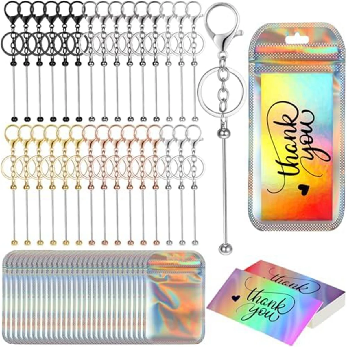 

Set of 30 Beaded Key Chains Holographic Resealable Bags for Project Pendant Keychains