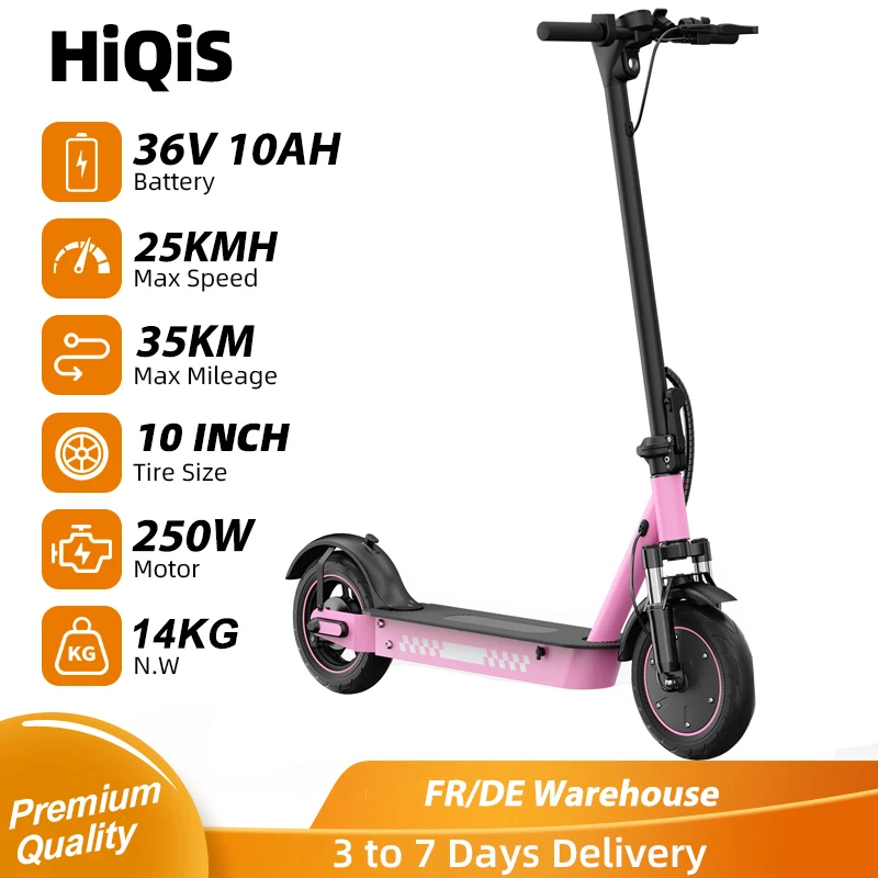 Trottinette électrique rose tendance, batterie 36V 10AH, longue autonomie de 35 km, vitesse de 25 km/h, avec moteur puissant, pneu alvéolé de 10 pouces, facile à franchir les obstacles, résistante aux routes mouillées, double suspension, couleur attrayante qui la rend unique, idéale pour les trajets quotidiens, trottinette électrique.