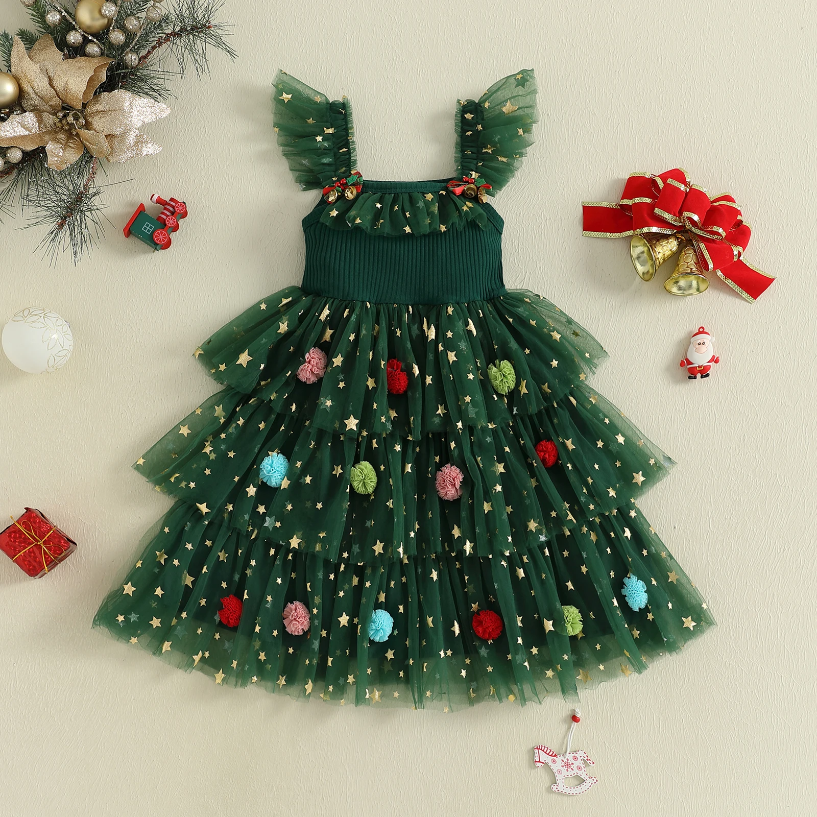

Little Girl Tulle Christmas Dresses Star Ball Square Neck Flying Sleeve A-line Layered Princess Dress Cute Holiday Clothes