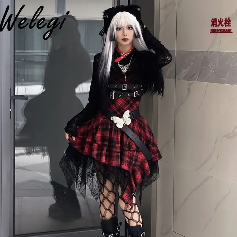 

Gothic Women Outfits Dark Plaid Irregular Lace Stitching Skirts 2025 Autumn New Cool Black Long Sleeve Lace Shirt 2 Pieces Set