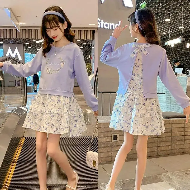 

Kawaii Girl Fashion Pullover Dress Student Spring and Autumn Casual Cartoon Round Neck T-Shirt Tops Skirt Children's Clothing