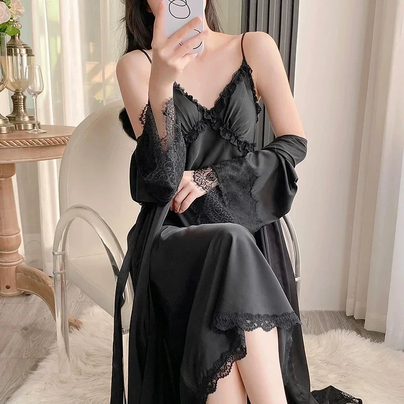 

2025 Spring New 2Pcs Robe Set Soft Ice Silk Nightgown Women Sleepwear Sexy Lace Trim Sling Nightdress Long Kimono Bathrobe Suit