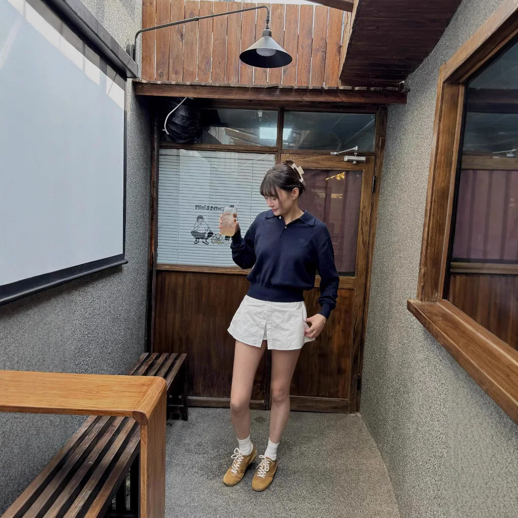 Suéter de punto tipo polo con letras bordadas thebarnnet de Corea del Sur, suéter con cuello versátil