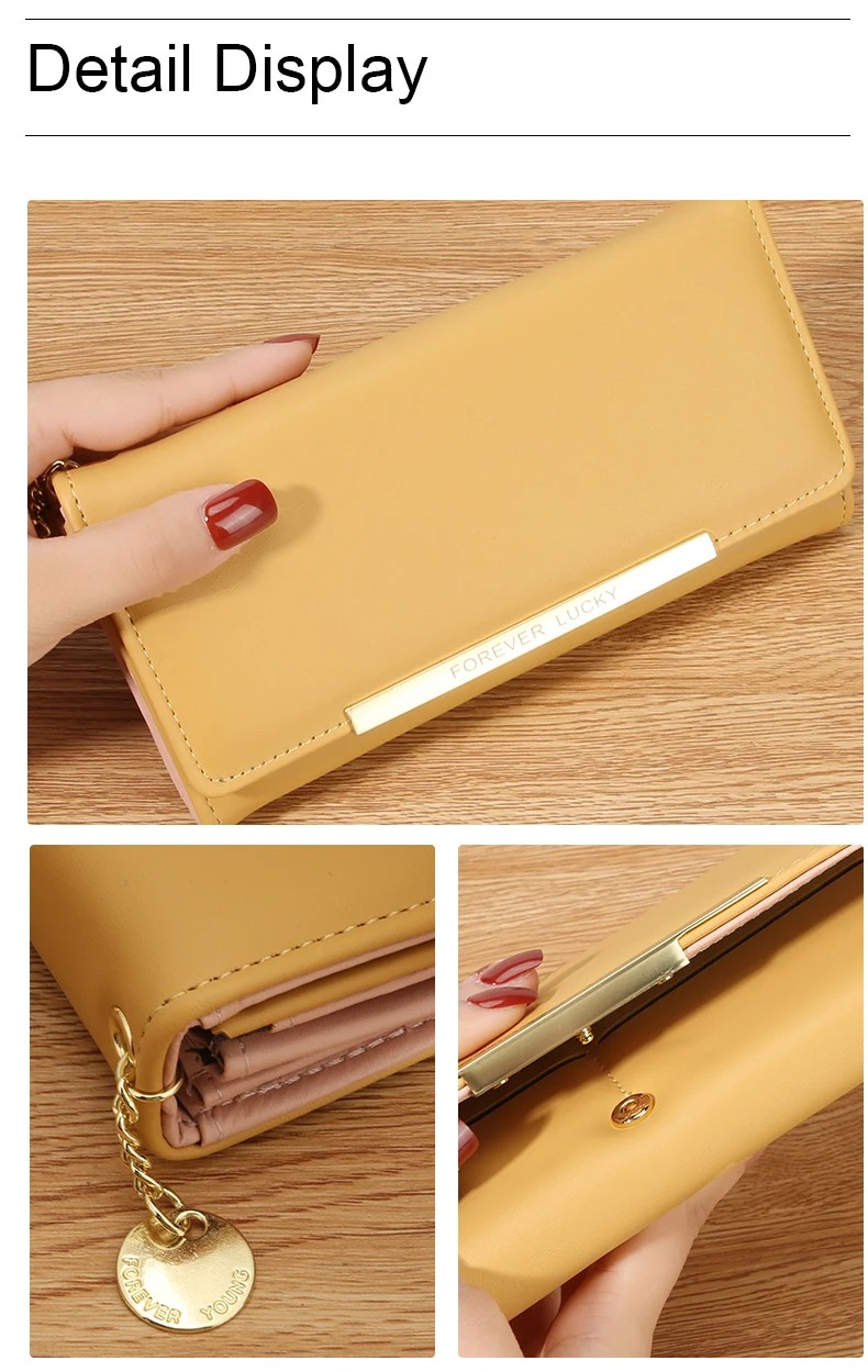 Damen Lange PU-Geldbörse 2-fach Faltbar Einfarbige Clutch mit Mehreren Kartenfächern Große Kapazität Reißverschluss-Geldbörse Koreanischer Stil Damen-Handgeldbörse – Detail 4