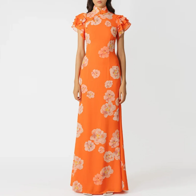

Fall Rose Printed Turtleneck Maxi Dress Women 2024 Lotus Sleeved Asymmetric Party Dress Elegant Winter Full Length Formal Dress