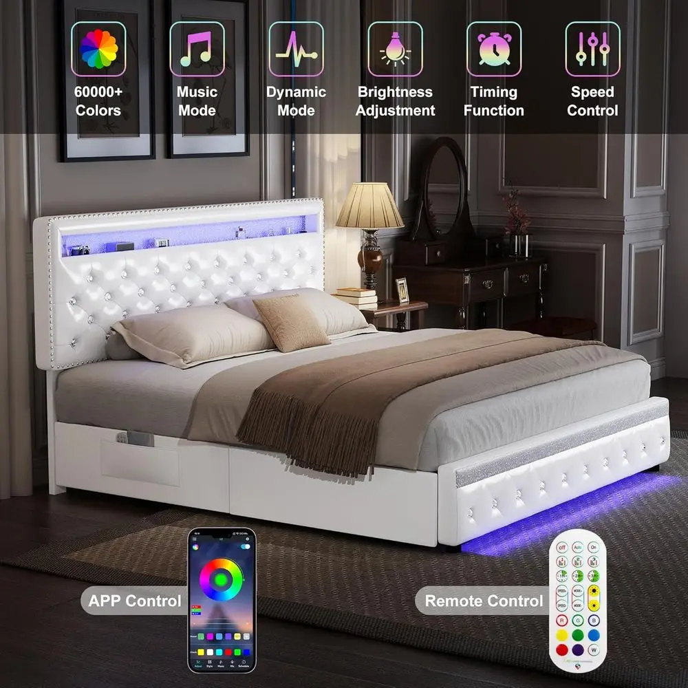 سرير كوين من جلد البولي يوريثان الأبيض مع درجين، ودعم شريحة قابل للتعديل، وخياطة ماسية