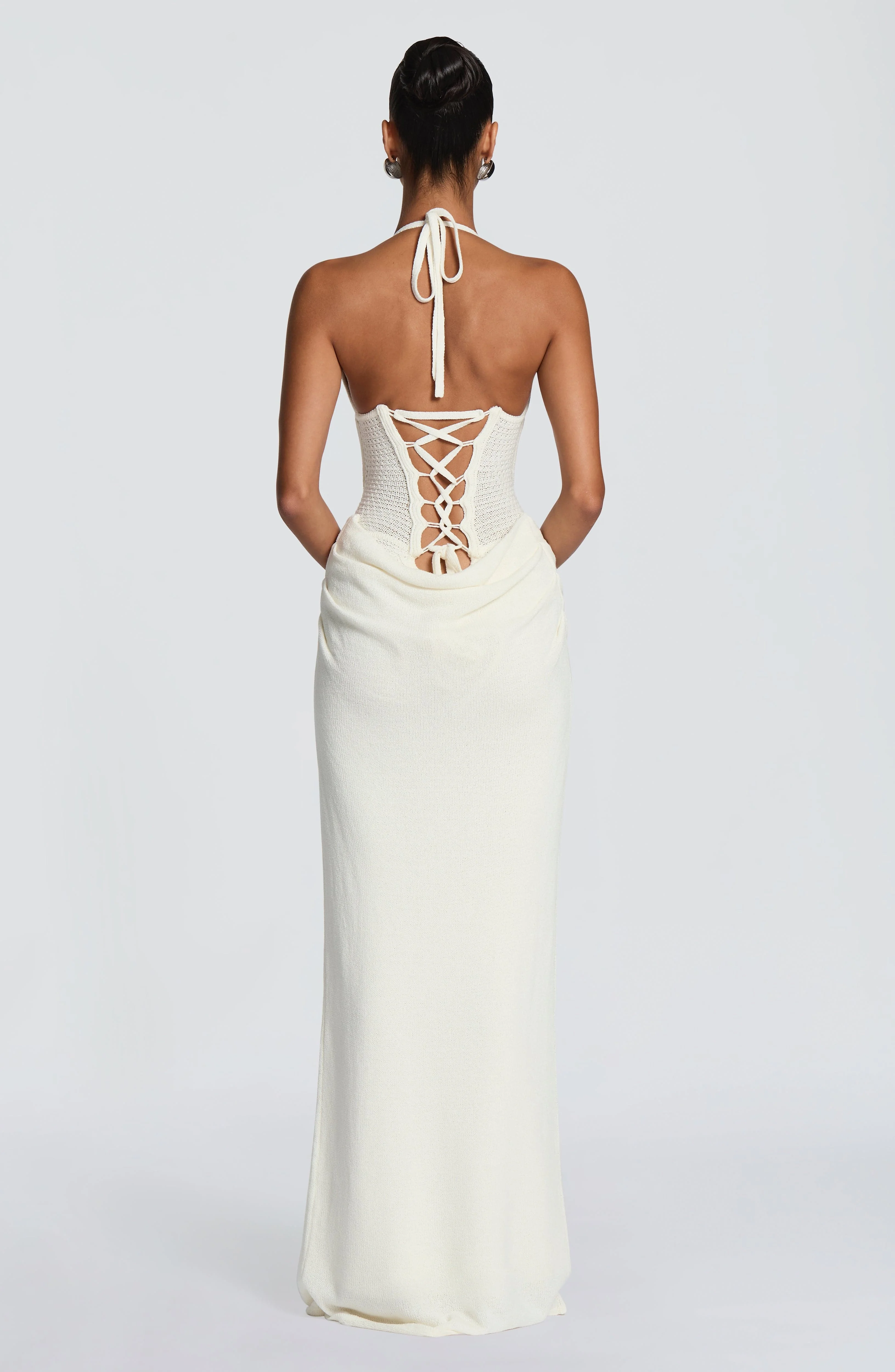 Boho Halter Knit Maxi Dress Hollow Corset Deep V Draped Mermaid Long Gown Beach Vacation Bohemian Holiday Evening Party Dress view 3