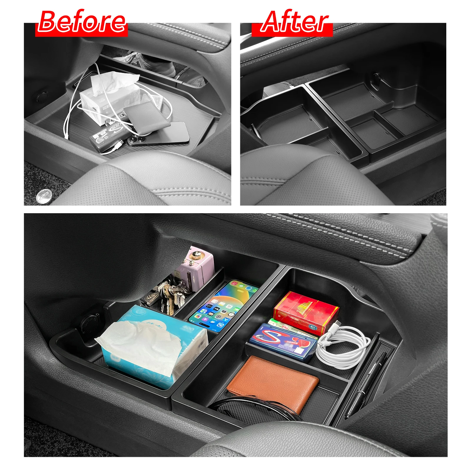 Smabee for Toyota Sienna 2021-2025 Car Center Console Lower Organizer Tray Armrest Insert Interior Accessories Black 2pcs/set - view 3