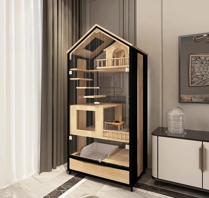 Cat Villa Solid Wood Household Cabinet Glass Large Free Space Panoramic Transparent Cage