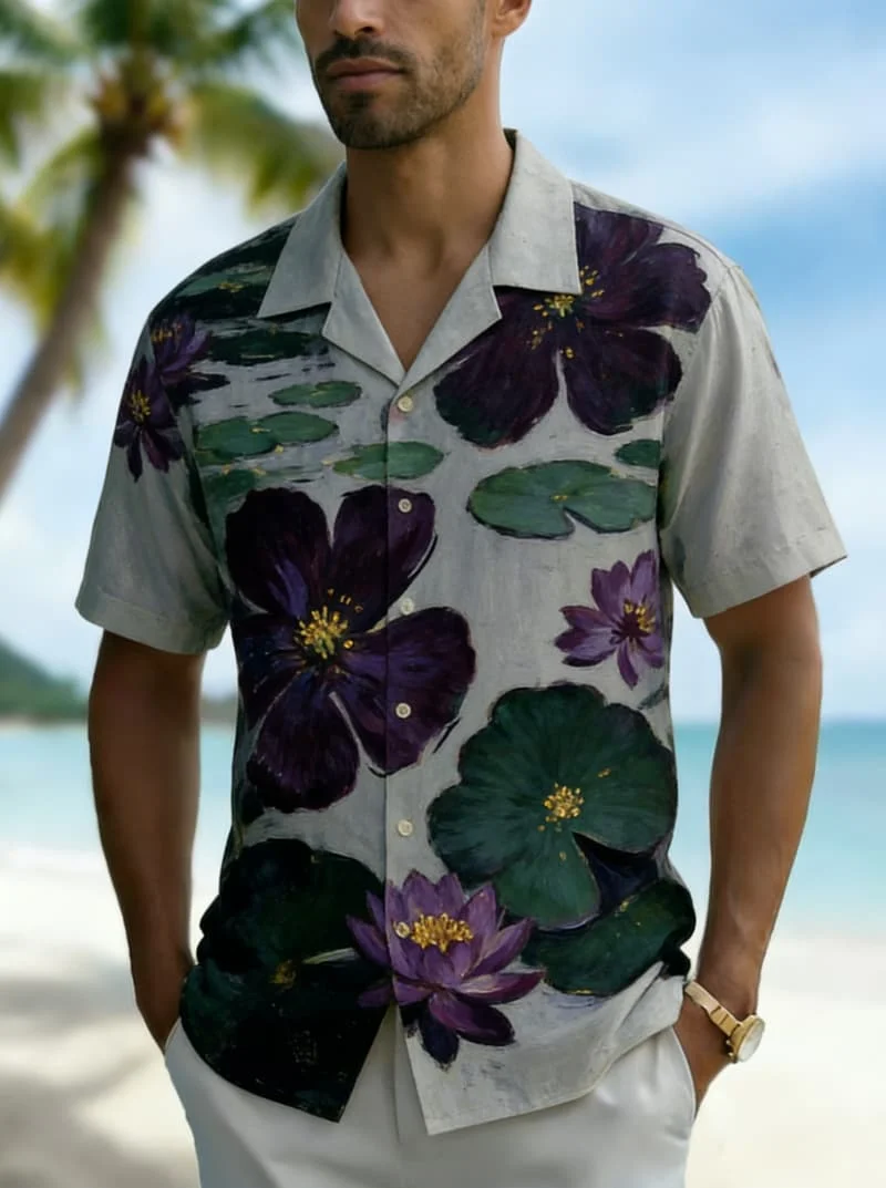 Men's Artistic Floral & Water Lily Print Short Sleeve Shirt, Vibrant Hawaiian Graphic for Summer Daily Casual and Vacation Wear
