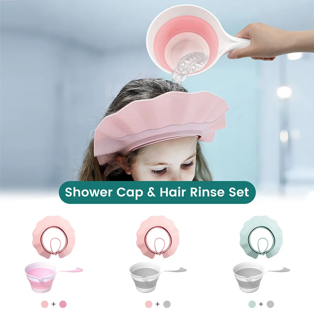 Baby Shampoo Rinser Cup (Foldable Anti-Slip) & Shower Cap, Travel Essential for Baby Bath