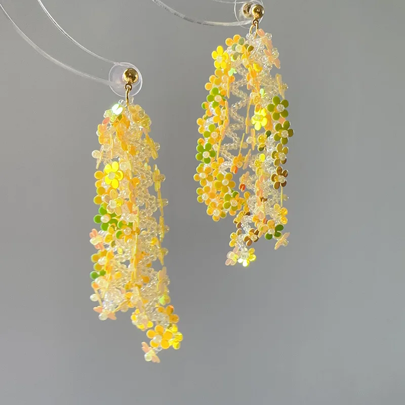 Sequined Flower Tassel Earrings Holiday Style Earrings