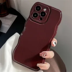 Ottwn Solid Color Curly Wavy Phone Case For iPhone 15 14 13 12 11 Pro Berry Wine Red Soft Silicone Shockproof Bumper Back Covers