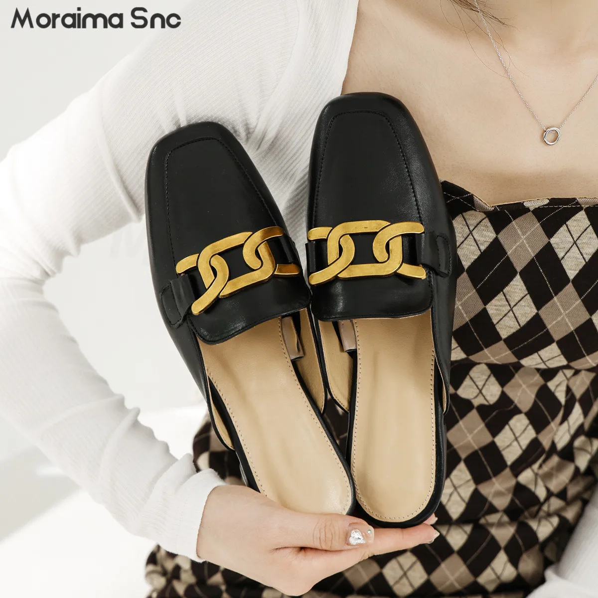 

Metal Buckle Decorated Half Slippers Genuine Baotou Pumps New Comfortable Soft Sole Low Heel Leather Woman's Muller Slippers