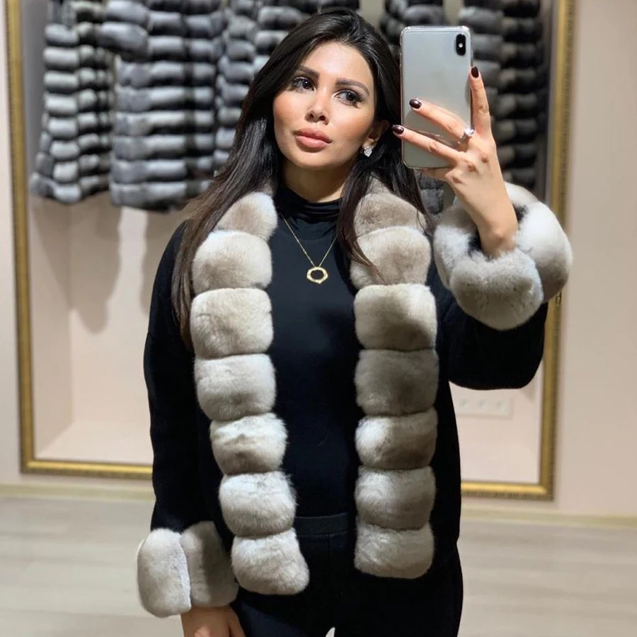 

Wool Coats For Women Short Real Rex Rabbit Fur Collar Cuffs Coat Natural Fox Fur Jacket Best Selling styles Woolen Sweaters