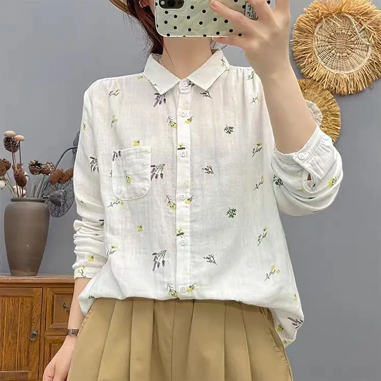 Casual Loose Women's Cotton irt Floral Print Turn-down Collar Long Sve Top Trendy Base Layer Loose Fit Autumn Faion
