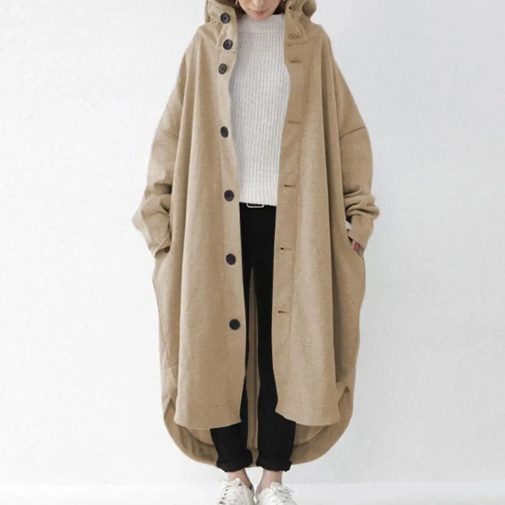 Loose Fit Coat Stylish Women's Hooded Winter Trench Coat with Irregular Hem Long Sleeves Thick Pockets Ankle Length for Outdoor