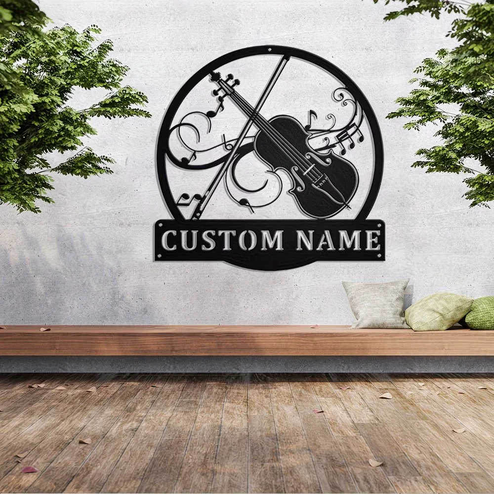 Custom Metal Wall Art - Elegant Violin, Bow & Musical Notes Silhouette Design, for Indoor/Outdoor Home Decor