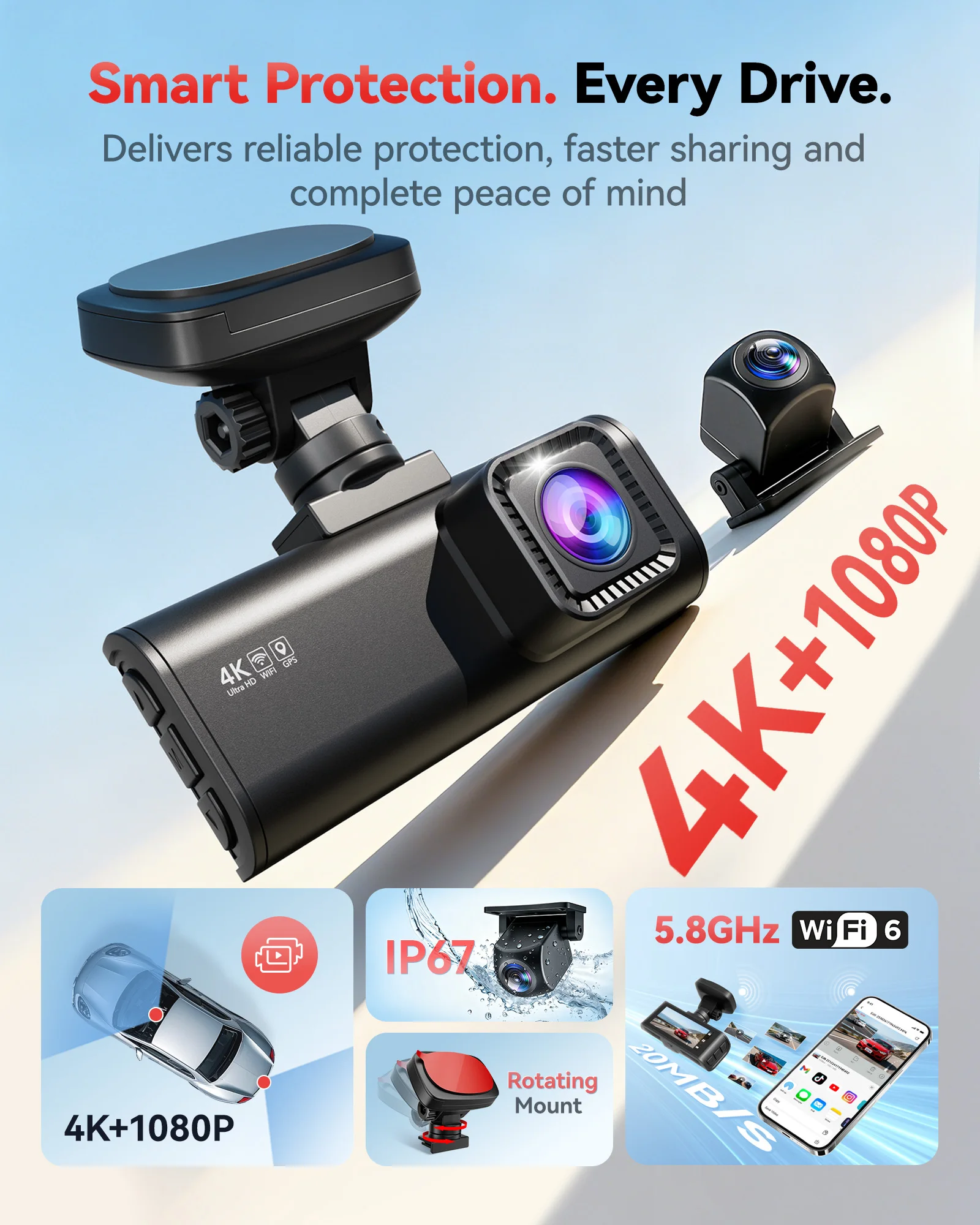 REDTIGER F7N Dash Camera Front and Rear 4k Dash Cam  Drive Recorder for WiFi GPS Car Dvr for 24H Parking Mode Black Box for Car