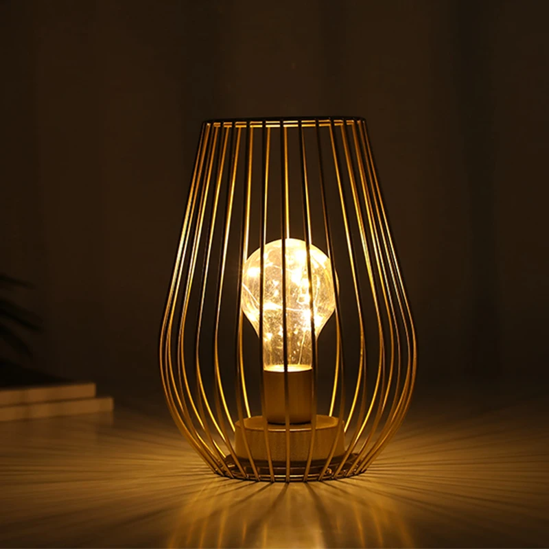 Golden Candle Holder Cage Table Lamp Cordless Lamp Battery Operated Lamp for Garden Wedding Parties Indoor Outdoor Home Decor