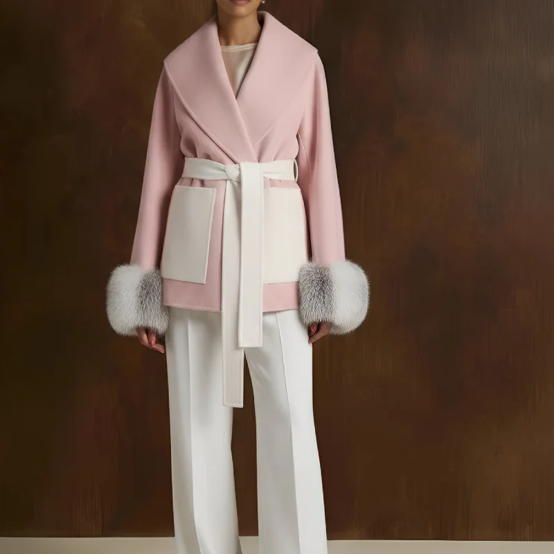

Elegant Contrast Color Woolen Jacket For Women Furry Cuffs Lace Up Spliced Coat Lapel Pocket Outwears 2025 New Lady Streetwears