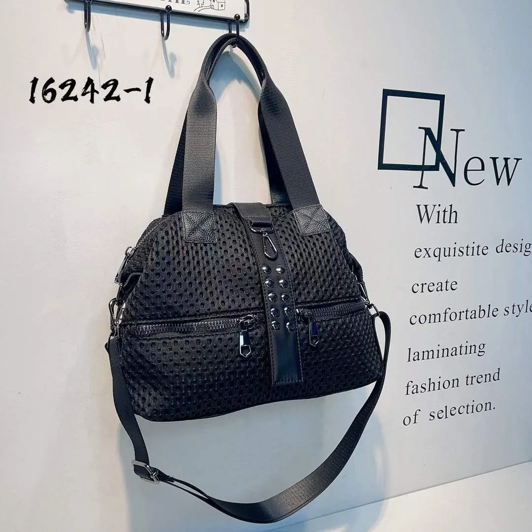 Women\'s shoulder bag nylon pleated cloth personalized rivet crossbody bag leather casual handbag luggage travel mesh female bag