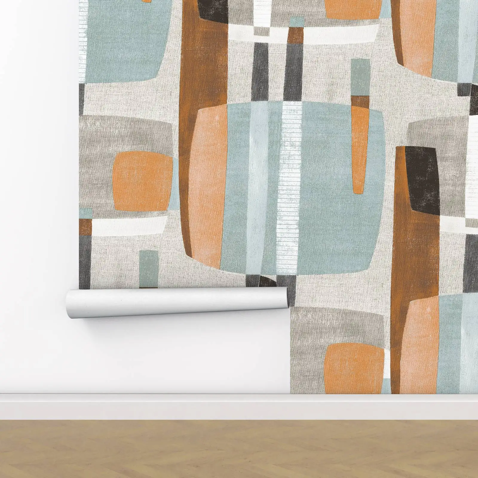 Abstract Geometric Wallpaper,Terracotta Orange & Grey Block Print Wall Mural, Modern Home Decor,Self-adhesive Or Tradition Paper