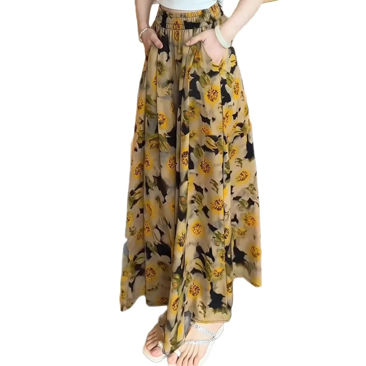 

Spring and Summer Retro Literary and Stylish Small Floral Print Women's Plus Size High-Waist Fashion Casual Wide-Leg Long Pants