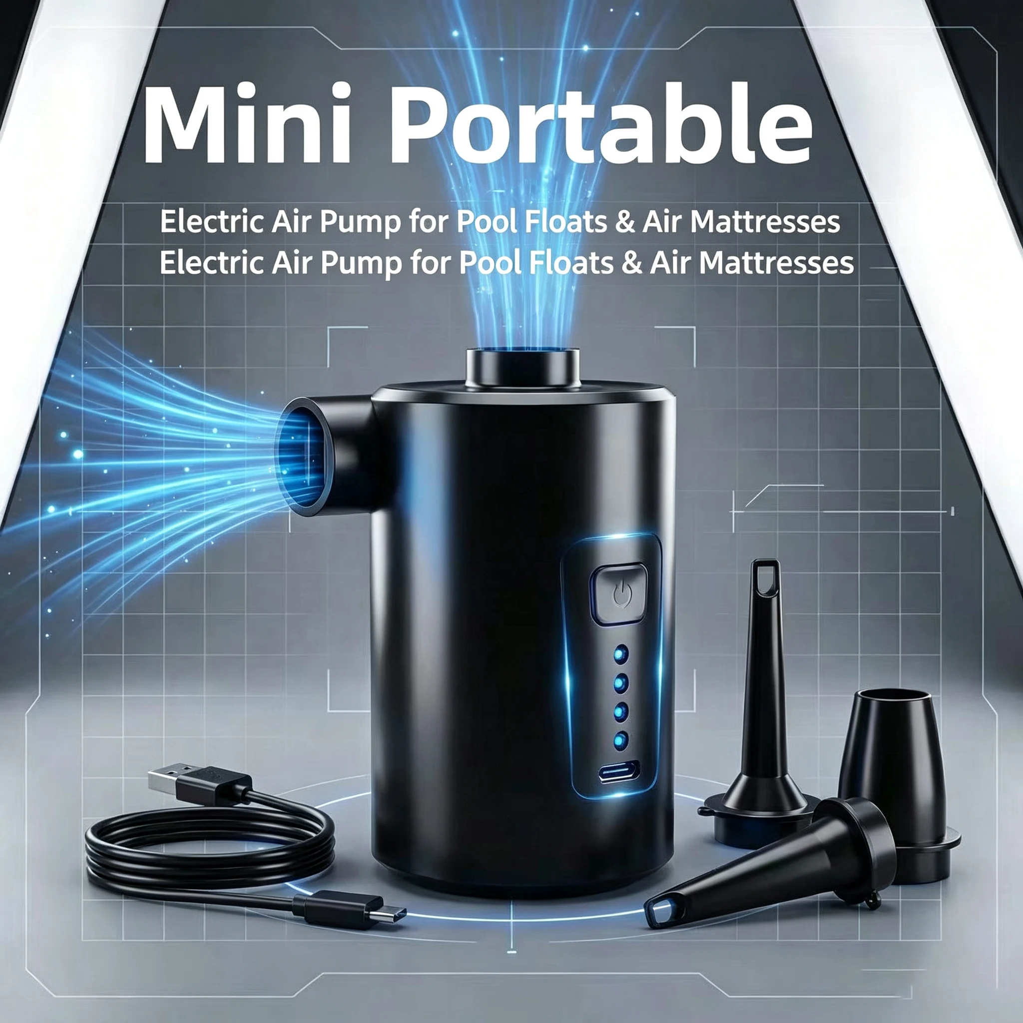 USB‑C Rechargeable Mini Air Pump Dual Nozzle Inflate Deflate Portable Air Compressor for Camping Tent Air Bed Swimming Ring