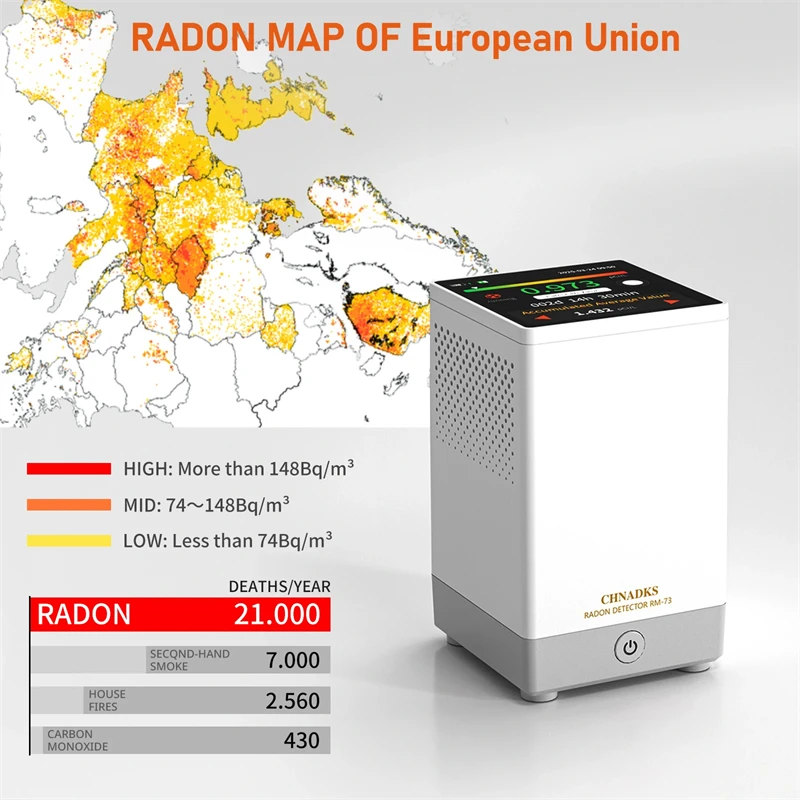 كاشف الراديون شاشة تعمل باللمس مراقبة الغاز متر شاشة LCD ملونة إنذار مسموع ومرئي pCi/L أو Bq/m3 ± 10% دقة تقرير PDF