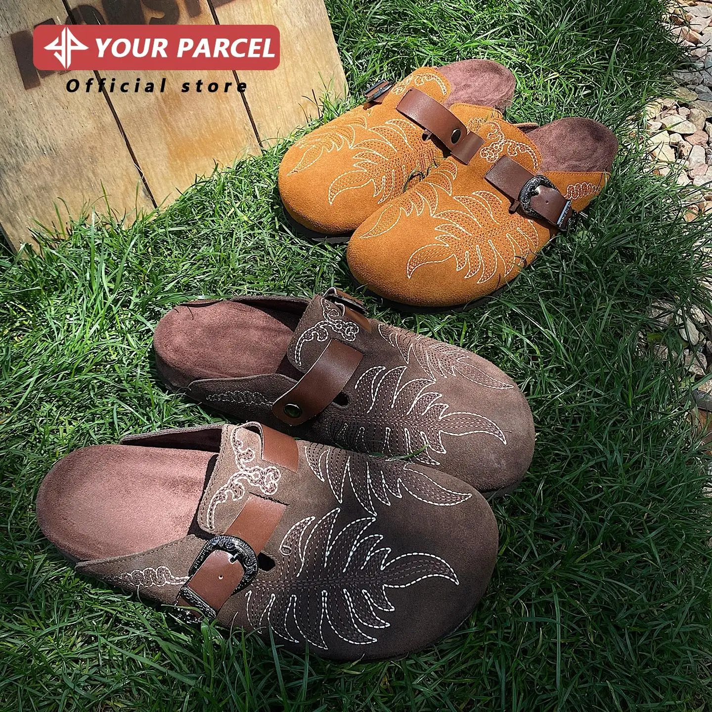 

Bull suede Haken shoes with men's metal embroidery design outdoor casual fashion slippers work commuting leather shoes