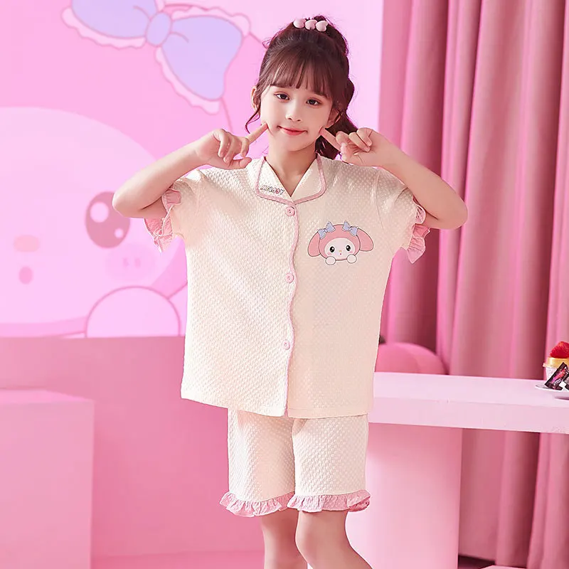 Anime Kawaii Sanrios Kuromi Cinnamoroll My Melody Summer Bubble Cotton Girls Pajamas Kids Cardigan Homewear Set Size 8-18 New