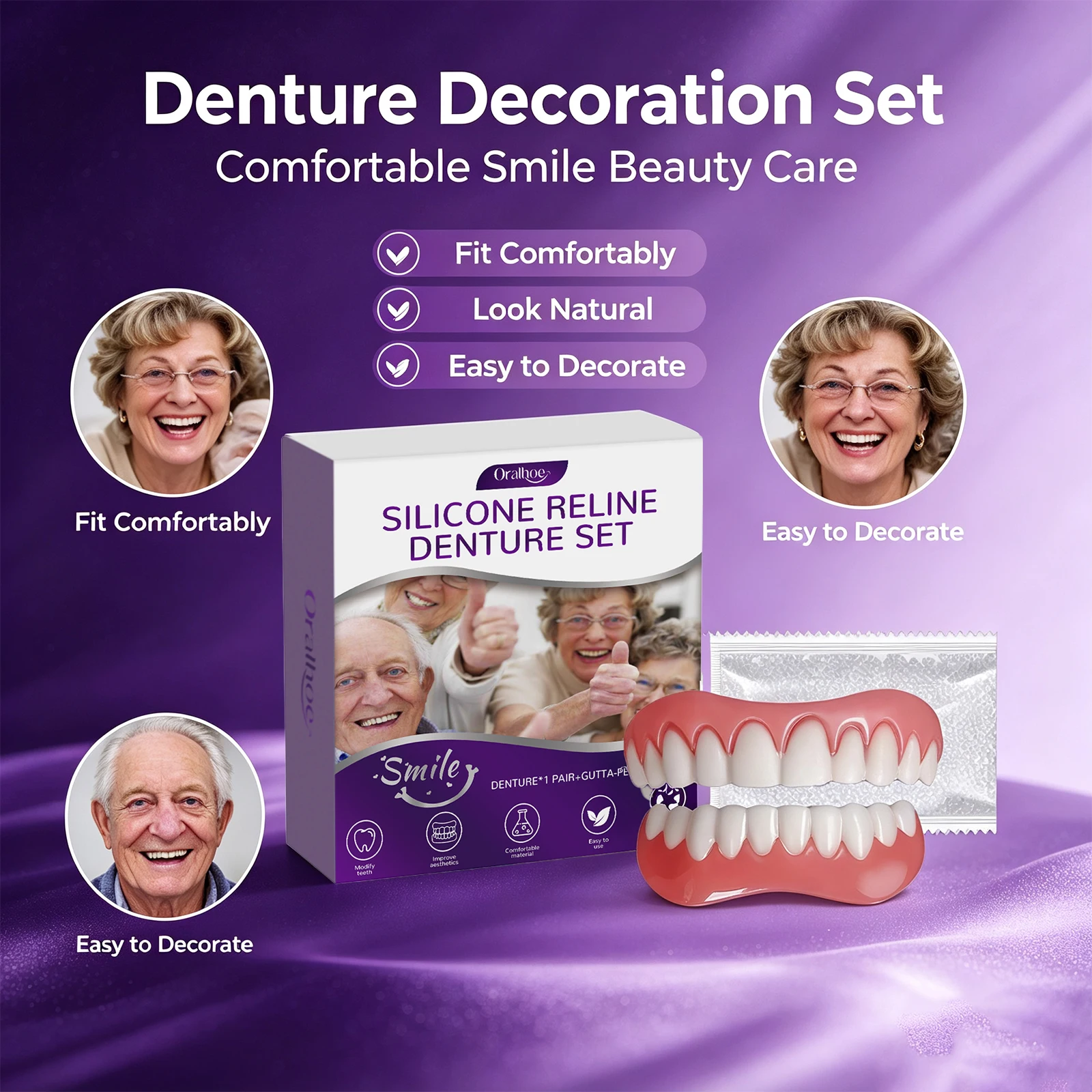 Denture Cosmetic Care Kit for Filling Gaps and Smoothening Surface Comfortable Natural Look Upper & Lower Denture Set