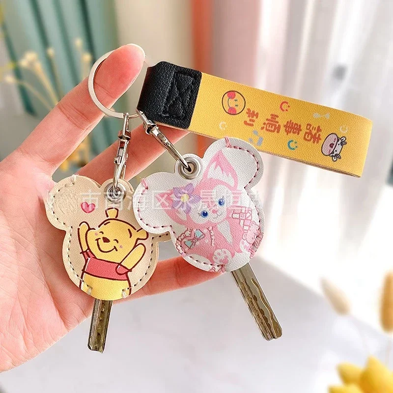 Disney Cute Stitch Winnie the Pooh Mini Key Holder PU Leather Key Bag Cartoon Mickey Minnie Key Case Access Card Protection Clip