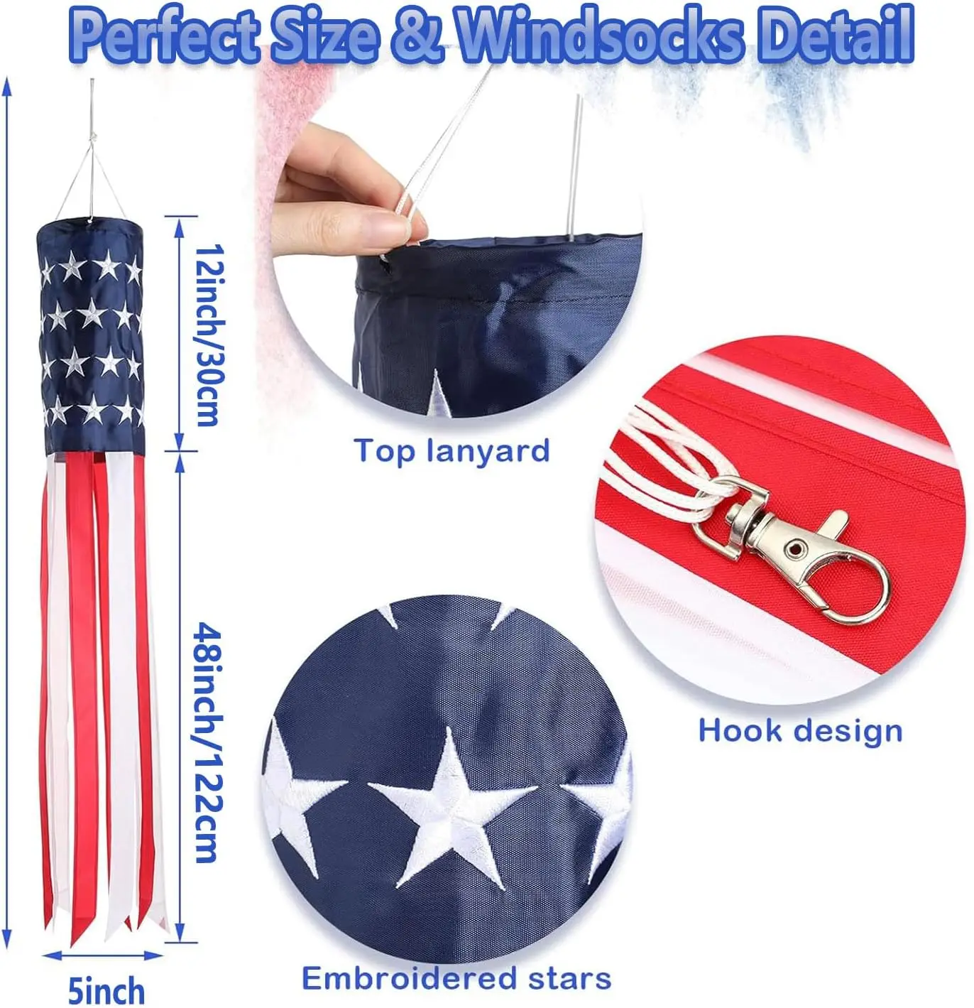 Flagicts 210D Noly 2 PCS 60Inch  4th of July  Embroidered Stars Wind Socks Hanging Hanging America USA Flag