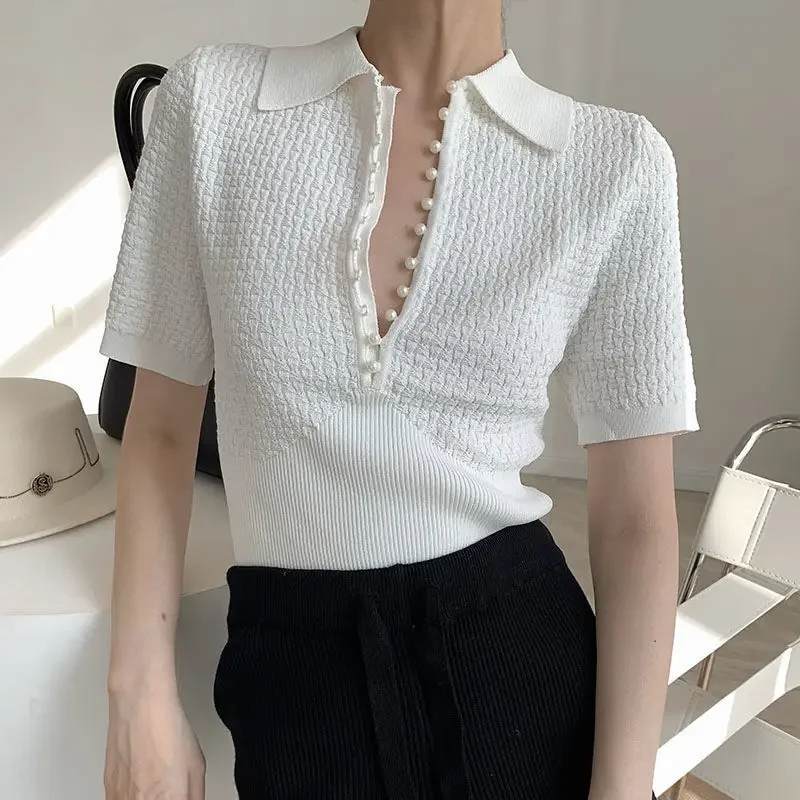 

White top knitted short-sleeved T-shirt 2024 new style short polo collar shirt design for summer